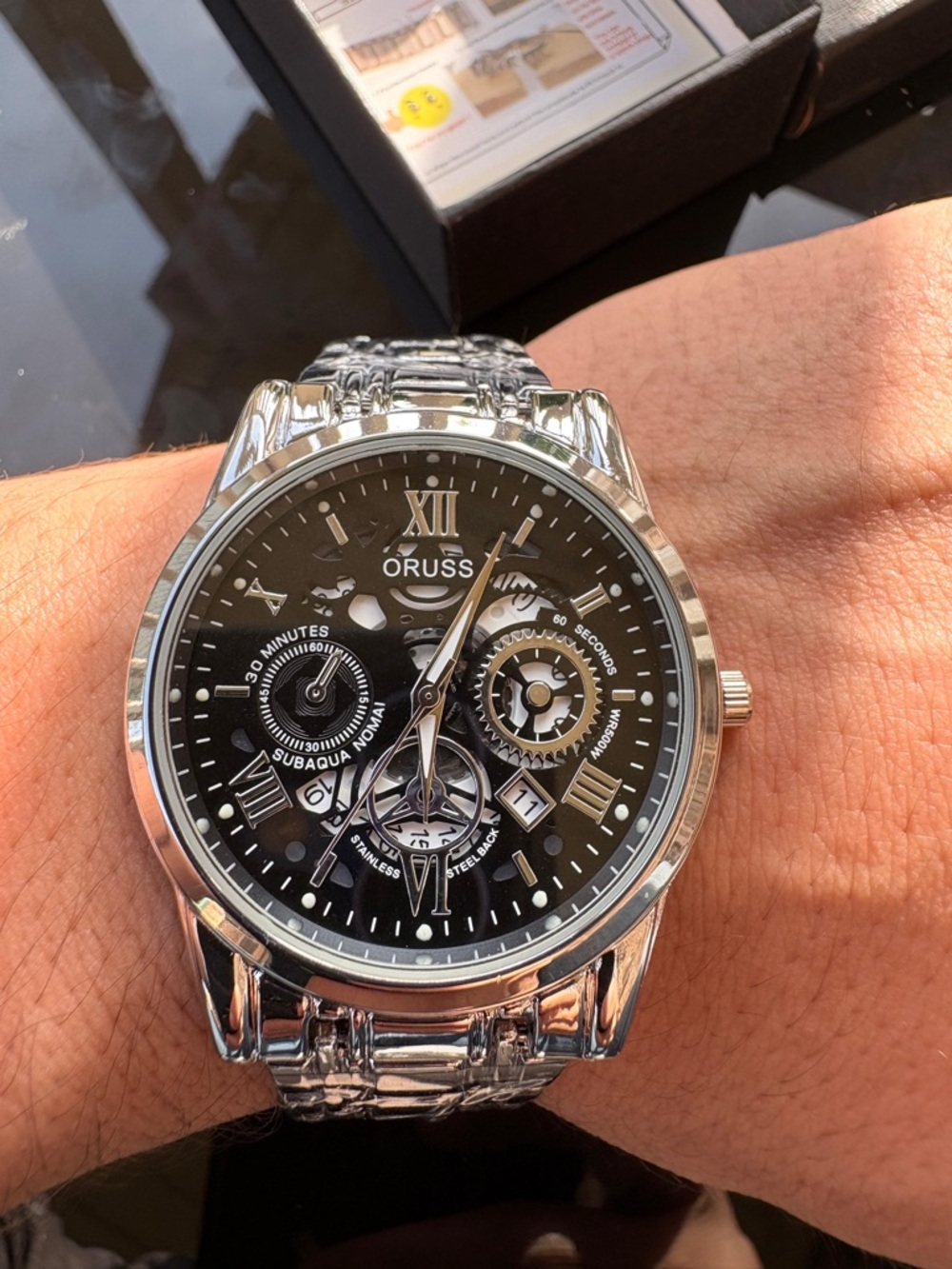 Oruss Men's Silver Stainless Steel Watch with Black Dial